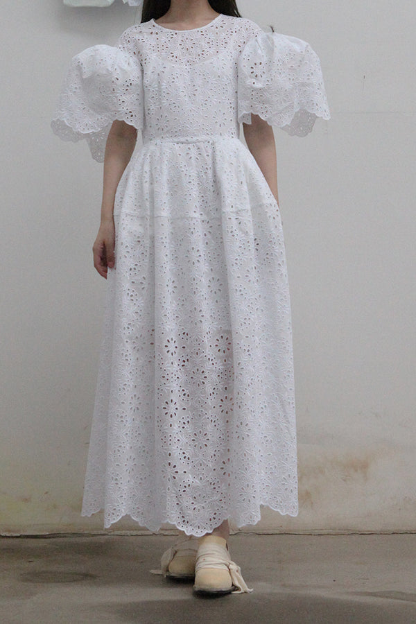 MING MA Lace Puff Sleeve Flower Bud Dress (with petticoat) AW21-DR07-WTCT